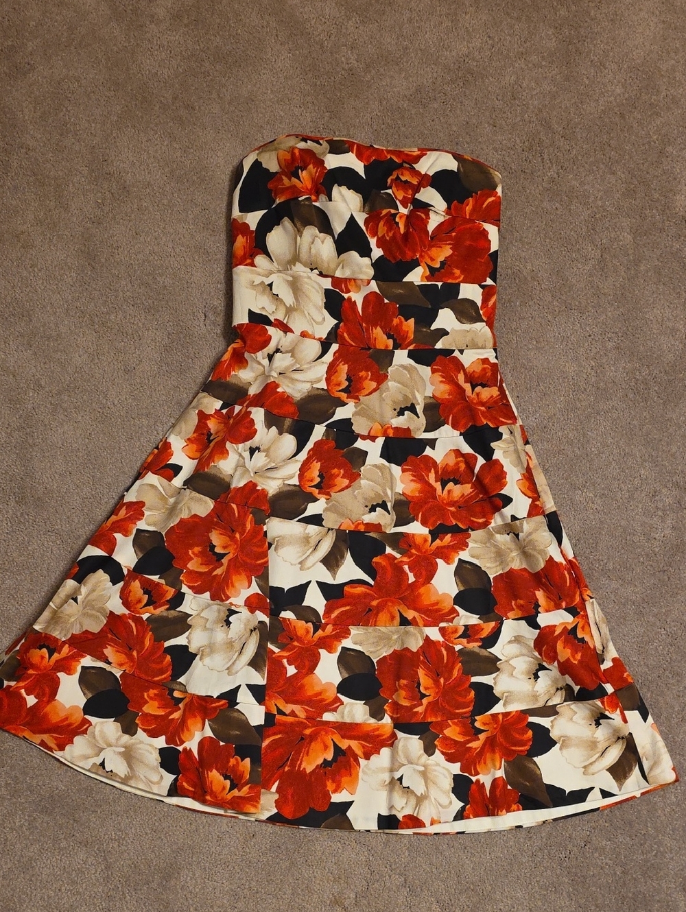 Strapless Floral Dress in Red and Cream